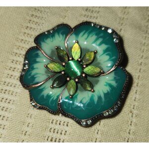 Vintage Liz Clayborne Green Enamel & Rhinestone Flower Brooch
